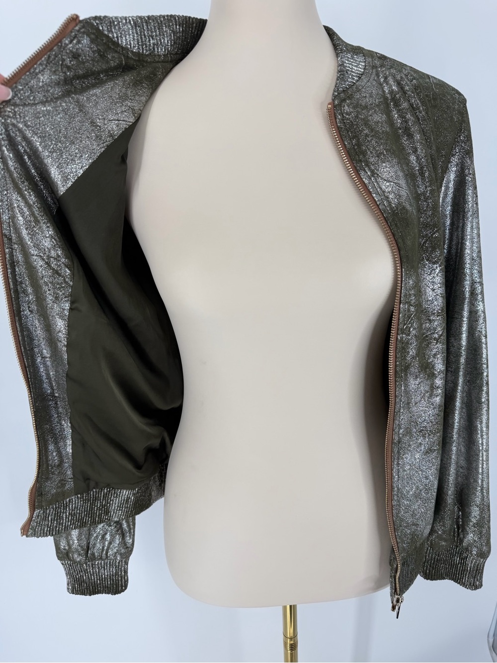 Zara, Olive/Metallic Bomber Jacket, Size XS - Picture 9 of 15